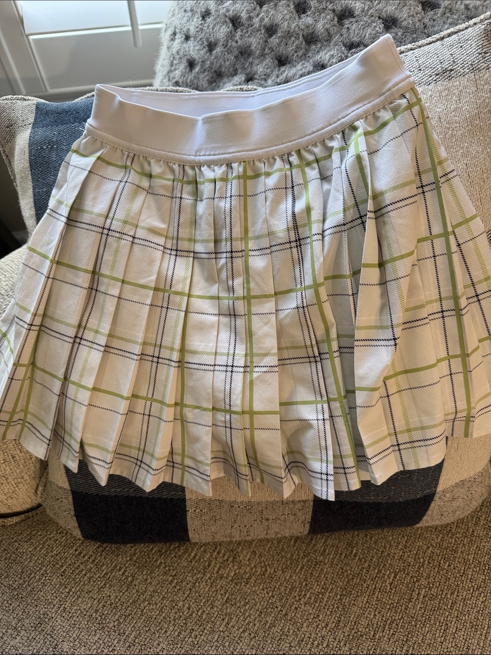 lululemon athletica White and Light Green Plaid Pleated Mini Skirt